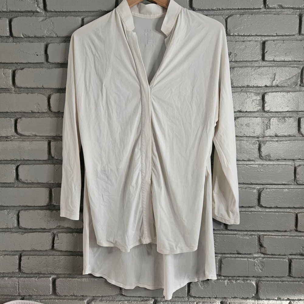 ADAY Something Borrowed Shirt White High Low Split Neck Long Sleeve Tunic Small‎